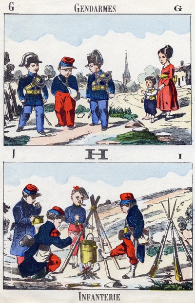 Lettere G H I: gendarmi e fanteria. Incisione in "Alphabet militaire enfantin". Immagini di Pont-a-Mousson, circa 1890. 20 pagine. da Unbekannt