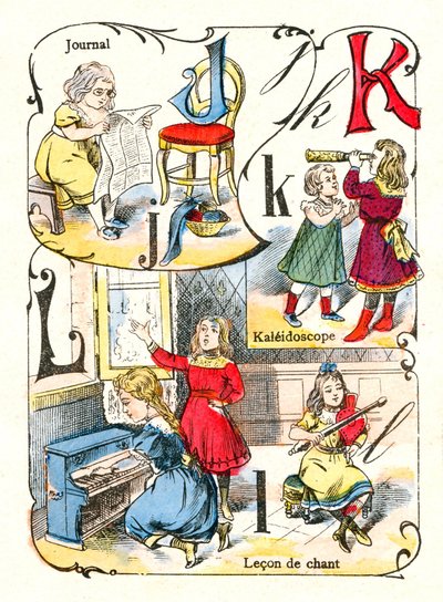 Lettere J K e L come giornale, caleidoscopio e lezione di canto. Incisione in "Alfabeto Divertente". Immagini di Pont-a-Mousson. Stampa e pubblicazione Louis Vagne, fine del XIX secolo da Unbekannt