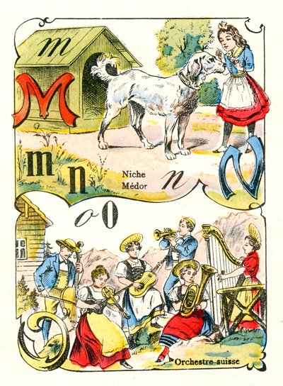 Lettere M N e O come Medor, Niche e Orchestra Svizzera. Incisione in "Fun Alphabet". Immagine di Pont-a-Mousson. Stampa e pubblicazione Louis Vagne, fine del XIX secolo da Unbekannt