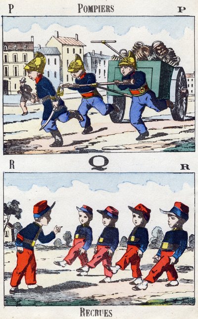 Lettere P Q R: Vigili del fuoco e reclute. Incisione in "Alphabet militaire enfantin". Imagerie di Pont-a-Mousson, circa 1890. 20 pagine. Dim: 28,5x21cm da Unbekannt