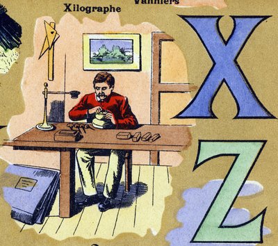 Lettere X e Z come xilografia. Incisore che realizza xilografie. Alfabeto illustrato. Immagini riunite a Jarville-Nancy, inizio del XX secolo. Dim: 40 x 29 cm. Litografia su sfondo bistro da Unbekannt