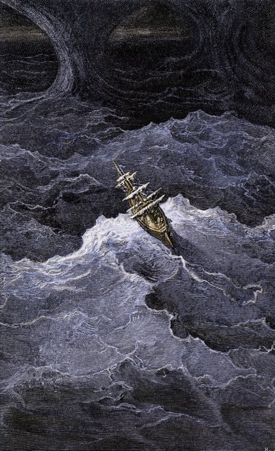 Letteratura: Barca in mezzo al mare. Illustrazione del romanzo di Samuel Taylor Coleridge (1772-1834) "La ballata del vecchio marinaio". Incisione a colori dopo un