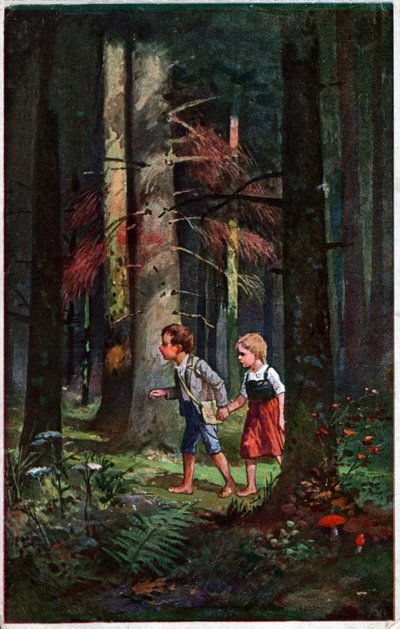 Letteratura. Fiabe. Hansel e Gretel persi nella foresta. Illustrazione di Otto Kubel per la fiaba dei Fratelli Grimm. Cartolina, Germania, c.1900 da Unbekannter Künstler