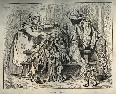 Pollicino e i suoi fratelli affamati. Incisione di Gustave Dore (1832-1883) da 