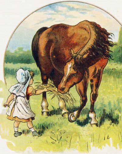 Bambina che dà fieno a un cavallo. Incisione in "ABC L