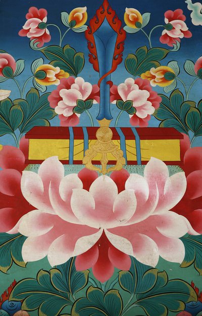 Fiore di loto, spada della conoscenza e testo sacro. Monastero di Kopan, Kathmandu, Nepal da Unbekannt