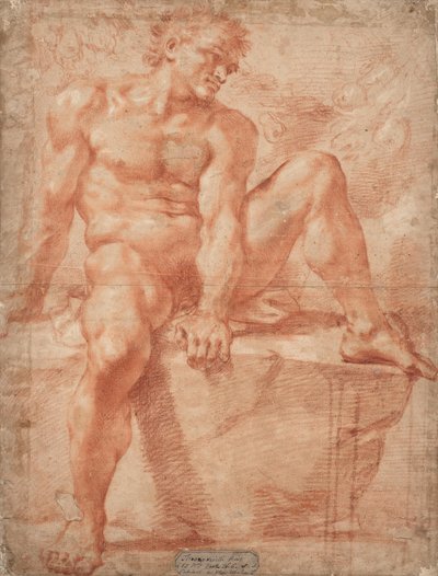 Uomo nudo, seduto su una pietra da Unbekannter Künstler