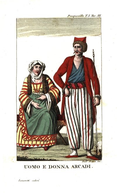 Uomo e donna di Arcadia, il Peloponneso, Grecia. Illustrazione dai Viaggi di Francois Pouqueville attraverso Morea, Albania e altre parti dell