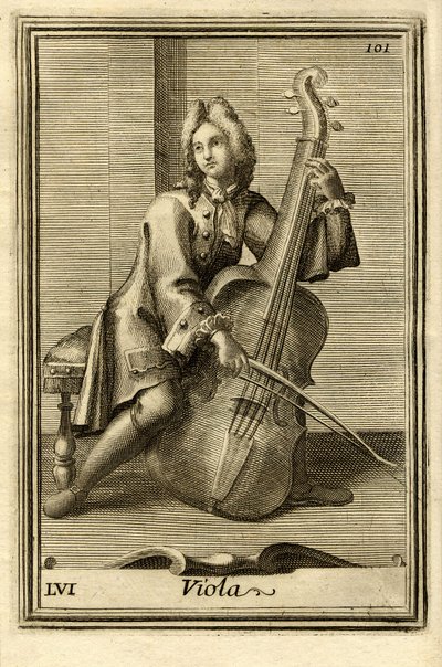 Uomo che suona il violoncello (o Viola). In Gabinetto Armonico di Filippo Bonanni, Roma da Unbekannter Künstler