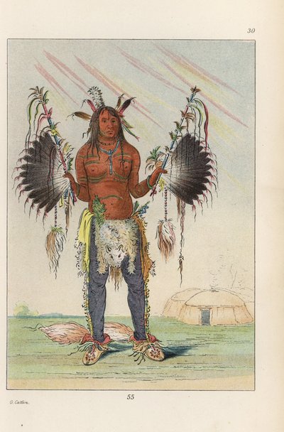Sciamano Mandan Mah-to-he-hah, Vecchio Orso, dipinto con vari colori, grasso di orso e carbone, che tiene pipe di medicina piumate e indossa code di volpe sui talloni da Unbekannter Künstler