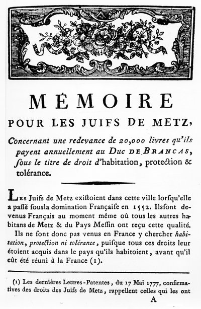 Manifesto a sostegno degli ebrei di Metz per la rimozione della tassa pagabile al Duca di Brancas, c.1790 da Unbekannt