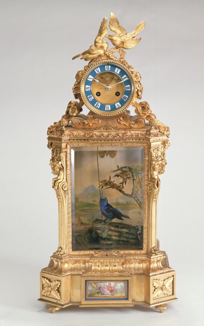 Orologio da mensola, montato in porcellana con automa di uccello canoro, francese da Unbekannt