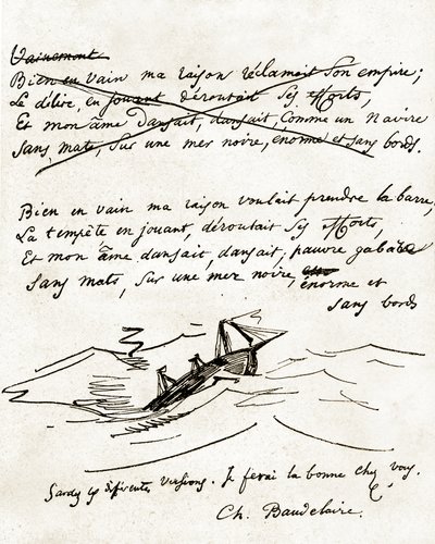 Manoscritto di Charles Baudelaire, illustrato con un disegno di una barca da Unbekannter Künstler