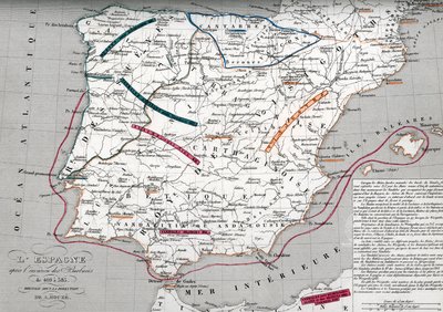 Mappa della Spagna ai tempi della Hispania germanica, 409-585. Incisione dall
