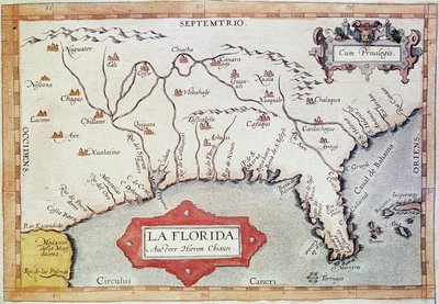 Mappatura della “Florida”. Si possono vedere il Tropico del Cancro, le Bahamas e le Isole Tortugas. In “Teatrum Orbis Terrarum” del cartografo Abraham Ortelius (1527-1598) da Unbekannter Künstler