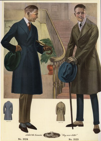 Moda maschile 1920 - Uomini in cappotti doppiopetto con bastoni e cappelli, indossando ghette. Cromolitografia da un catalogo di mode maschili di Bruner Woolens da Unbekannter Künstler