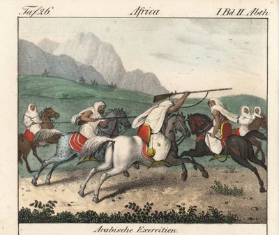 Esercizi militari, la carica dei cavalieri arabi. Litografia per il libro: “Galerie complete en tableaux fideles des peuples d
