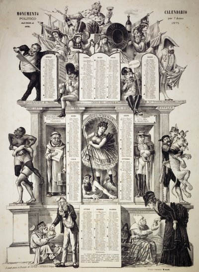 Calendario politico monumentale, anno 1875, con iscrizione manoscritta di Grossi Augusto, fondatore del giornale satirico Il Pappagallo da William M. Timlin