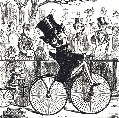 Mr Punch e il cane Toby che cavalcano biciclette da Unbekannt