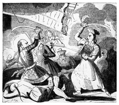 Mrs Ching brandendo una spada, c.1810 (incisione) da Unbekannter Künstler