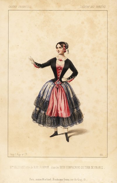 Elisabeth Augustine Bressant come Nini Pompon in les Deux Compagnons du Tour de France di Lockroy e Wailly, Theatre des Varietes da Unbekannter Künstler