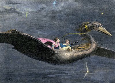 Miti e leggende: Il Rokh o Roc (uccello gigante della mitologia arabo-persiana. Si trova in passaggi delle Mille e una notte). Incisione colorata del XIX secolo da Unbekannter Künstler