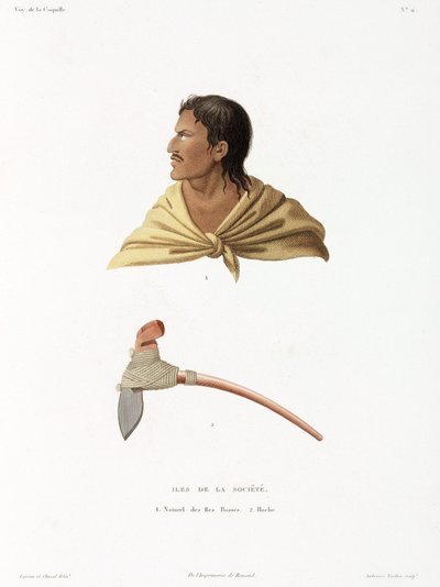 Nativo delle Isole della Società e ascia di pietra da Unbekannt