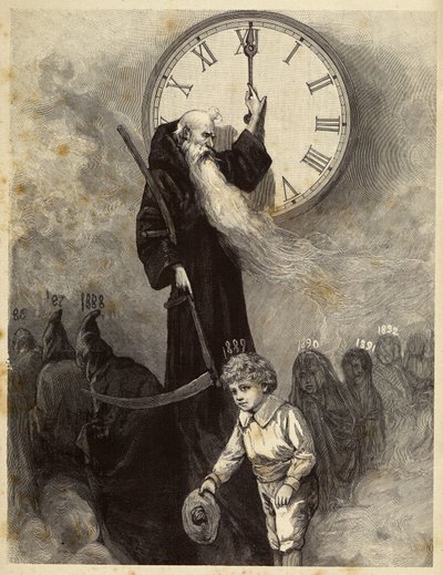 Allegoria del Capodanno 1889 che raffigura un vecchio che simboleggia l