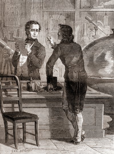 Nicéphore Niépce, ancora sconosciuto e povero, nel negozio di ottica e strumenti di Charles Chevalier, da Les Merveilles de la Science, pubblicato c.1870 (incisione) da Unbekannt