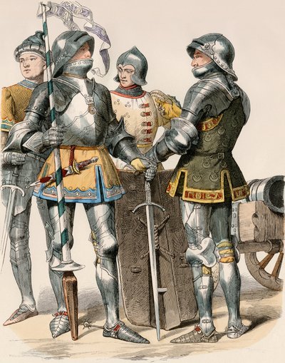 Nobili cavalieri del Ducato di Borgogna (Francia), in armatura e armi, con un cannone da Unbekannter Künstler