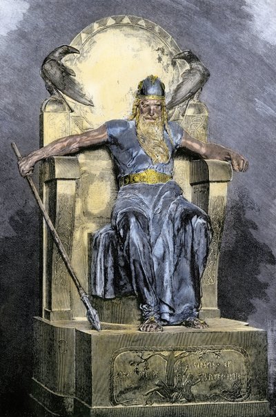Mitologia nordica: rappresentazione della divinità Wotan (Odino). Incisione colorata del XIX secolo da Unbekannter Künstler