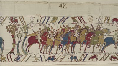 Soldati normanni che lasciano Hastings per combattere contro Harold, Arazzo di Bayeux (ricamo in lana su lino) da Unbekannt