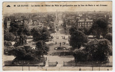 Normandia, Senna Marittima (76), Le Havre: il giardino del municipio e prospettiva sulla rue de Paris - Cartolina fine XIX-XX secolo da William M. Timlin