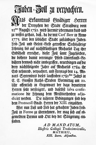 Notifica del Corpo Governativo di Strasburgo dei Tredici (Tredecim Viri) di un
