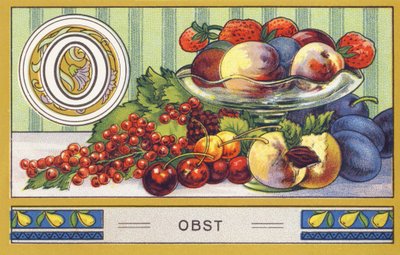 O: Obst - Alphabet Palmin. Serie di cromolitografie edite da H. Schlinck & Cie, Amburgo, s.d. Pubblicità per Palmin feinstes Cocosfett. Dimensioni: 7 x 11 cm da William M. Timlin