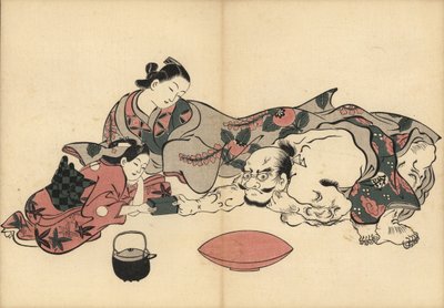 Oiran cortigiana che osserva una prova di forza tra la sua kamuro (cameriera) e Kinpira il famoso uomo forte. Una brocca di sake e una ciotola per bere davanti. Stampa xilografica di Masanobu Okumura (1686-1764) da Fuzoku Emakimono, Rotolo di immagini del  da Unbekannter Künstler