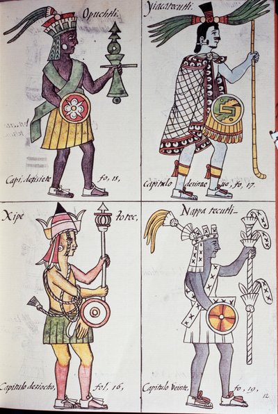 Opochtli, Xipe Totec, Yacatecuhtli e Nappatecutli, Pagina dal Codice Fiorentino, Versione in spagnolo e nahuatl, Storia generale delle cose della Nuova Spagna (Historia general de las cosas de Nueva Espana), Azteca da Benjamin Baud
