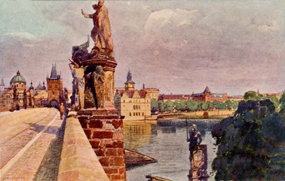 PRAGA - il fiume Moldava che scorre sotto il Ponte Carlo con le sue grandi statue e persone che camminano lungo il lato del ponte da Unbekannter Künstler