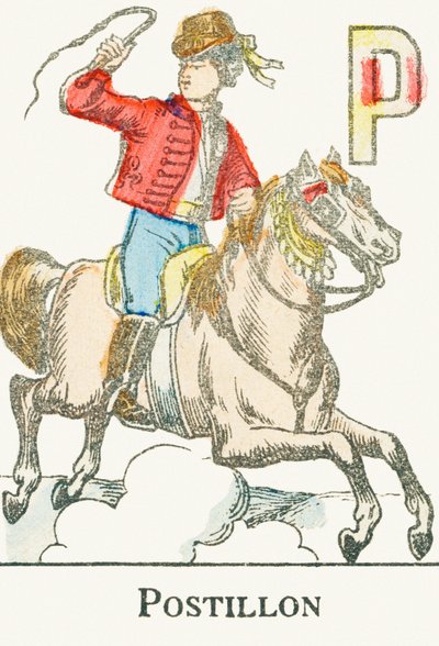 P : Postiglione, un giovane cavaliere in costume da cosacco - Incisione tratta da "Alfabeto dei giochi", circa 1890 da Unbekannt