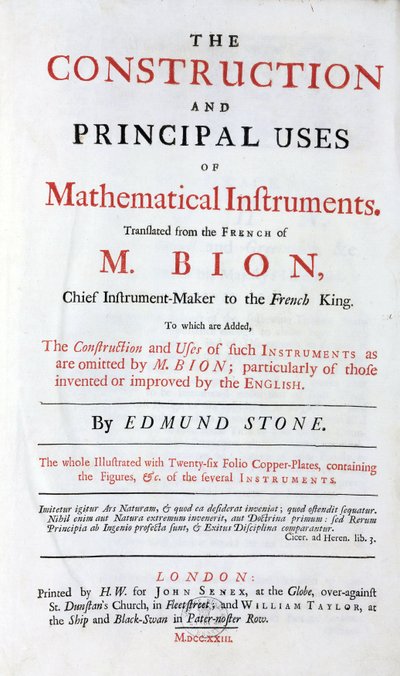Pagina del titolo del libro di Nicolas Bion sugli strumenti matematici, traduzione inglese, con aggiunta delle 