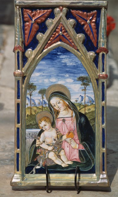 Piastrella di ceramica dipinta raffigurante Madonna con Bambino, Gualdo Tadino, Umbria, Italia da William M. Timlin