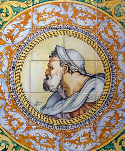 Pannello di maiolica dipinta raffigurante la testa di un vecchio nello stile di Michelangelo, realizzato da Ceramiche Desuir, Santo Stefano di Camastra, Sicilia, Italia, (dettaglio) da William M. Timlin