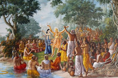 Dipinto al Bhaktivedanta Manor che raffigura il Signore Caitanya, il Signore Nityananda e i loro seguaci sulle rive del fiume Gange. da Unbekannt