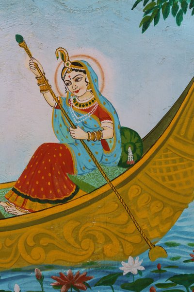 Dipinto raffigurante Sri Radha (consorte di Krishna) che rema una barca da Unbekannt