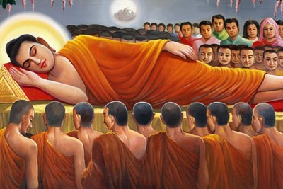 Dipinto raffigurante un Buddha sdraiato a Wat Toul Tompong Phnom Penh Cambogia da Unbekannt