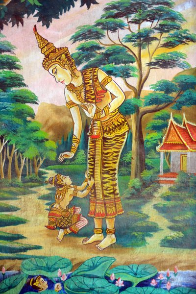 Dipinto raffigurante la storia della vita di Shakyamuni Buddha, Wat Naxai, Vientiane, Laos da Unbekannt