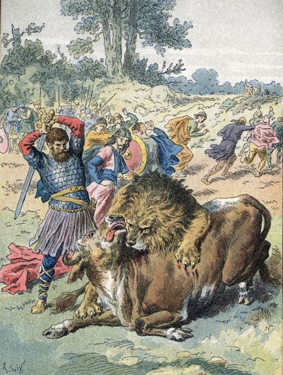 Pipino il Breve che combatte un leone e un toro sul Campo di Marte per dimostrare il suo coraggio (751) da Unbekannter Künstler