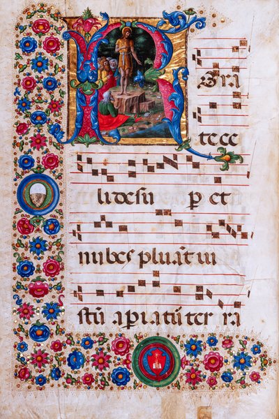 Biblioteca Piccolomini: libro corale, cod. 18.3, ff. 45v con “Predicazione di San Giovanni Battista”, di Girolamo da Cremona da Unbekannter Künstler