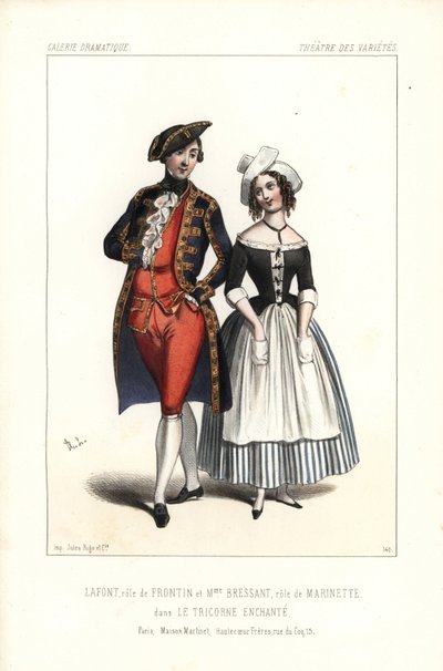 Pierre-Cheri Lafont nel ruolo di Frontin e Madame Bressant o Augustine Dupont come Marinette in Le Tricorne Enchante di Theophile Gautier, Theatre des Varietes da Unbekannter Künstler