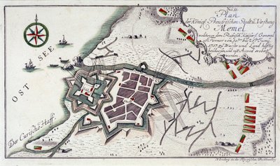 Piano di Memel (attuale Klaipeda, Lituania), durante la resa della città, dal 27 giugno al 5 luglio 1757. Incisione ad acqua colorata del 1764 da Unbekannter Künstler